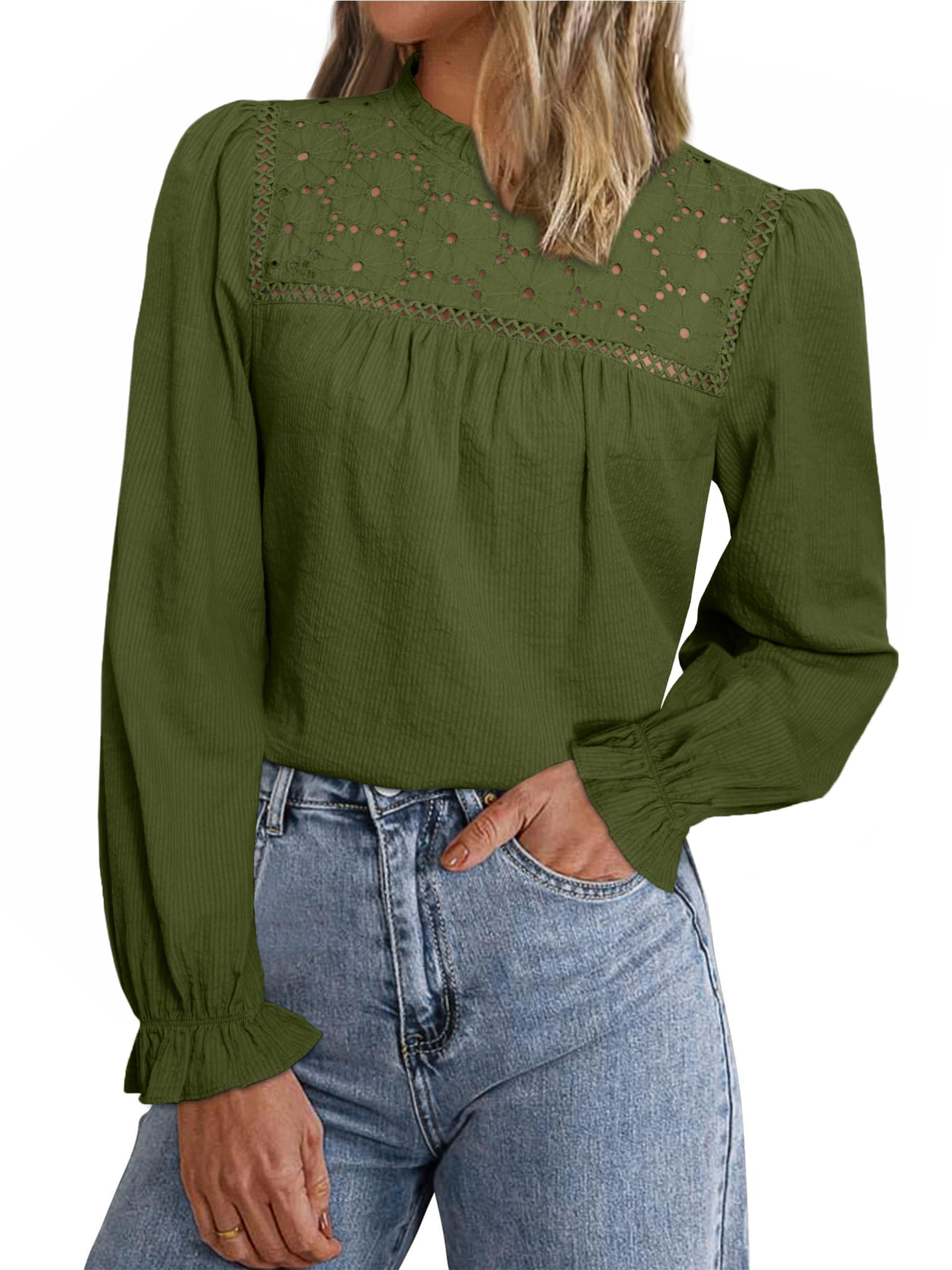 Photo 1 of (Missing button and eyelet) Simplee Womens Eyelet Long Sleeve Tops Crochet Boho Lace Blouses for Women Dressy Casual Work Fall Trendy Shirts,Army Green M