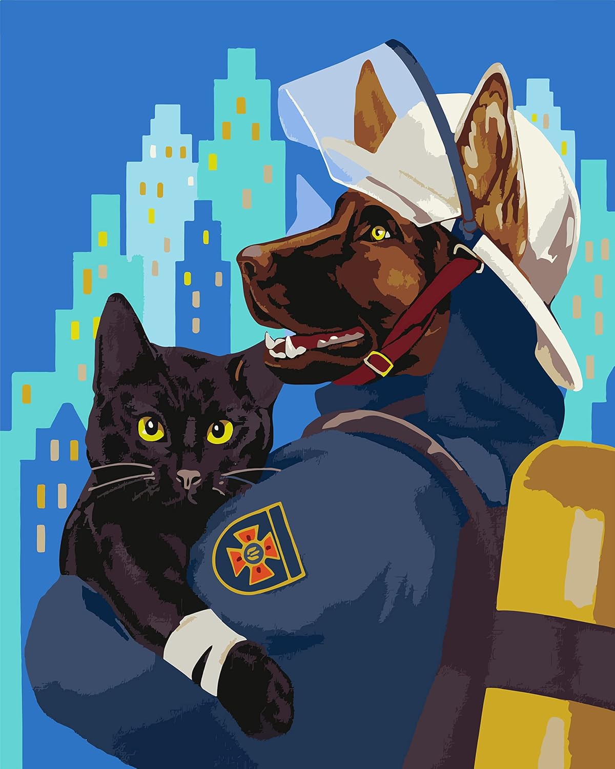 Paintings - TUMOVO Dog DIY Paint by Numbers for Adults - German Shepherd Firefighter with Black Cat - Funny Poster Canvas Oil Painting by Number Kit Drawing Paintwork for Beginners Kids 16x20inch (Frameless)