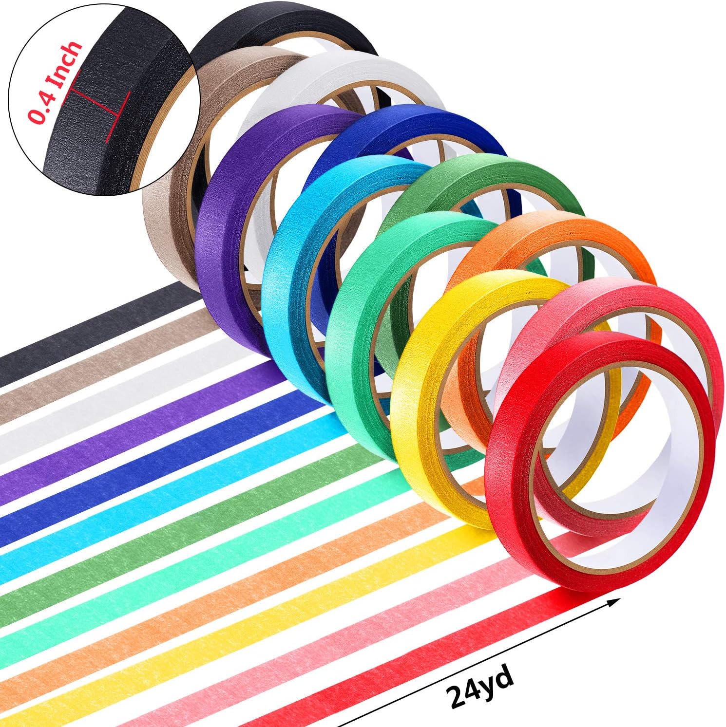 12 Rolls 0.4 Inch Colored Masking Tapes Colorful Crafts Labeling Painters Tapes with 12 Colors, 288 Yards in Total for Crafts, Arts, School Projects, Party, Home Decoration and Office Supplies