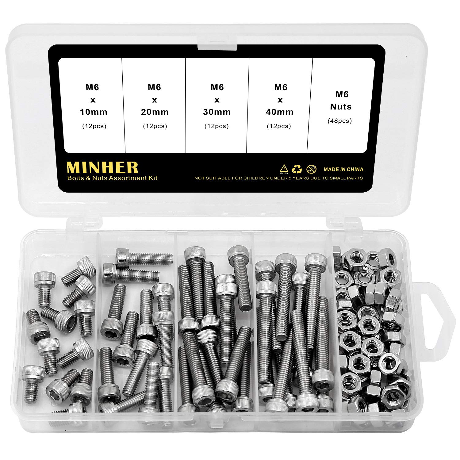 M6 Socket Head Cap Screws Bolts and Nuts Set 304 Stainless Steel 18-8 Allen Socket Drive 10mm 20mm 30mm 40mm