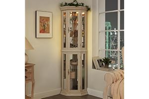 Makaseiya 70" Lighted Corner Curio Cabinet,Inside Mirror Corner Glass Display Case with Tempered Glass Door for Living Room, Antique Collectibles, Wine & Bar Glass Storage, Lights Included