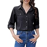 YAMANMAN Women's Button Down Denim Shirt Collared Casual Long Sleeve Chambray Jean Western Shirts with Pockets