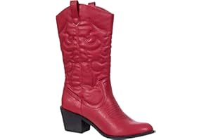 Charles Albert Cowboy Boots for Women Mid-Calf Boot Embroidered Stiching Western Cowgirl Boots Low Stacked Heel