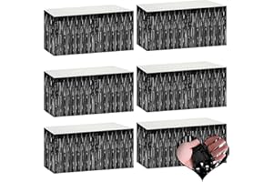 MEBIORNT 6 Pack 29x108 Inch Black Metallic Foil Fringe Table Skirts Banner for Tinsel Streamer Garland Curtains Backdrop for Parade Floats Wedding Baby Shower Birthday Christmas Halloween Party Decoration