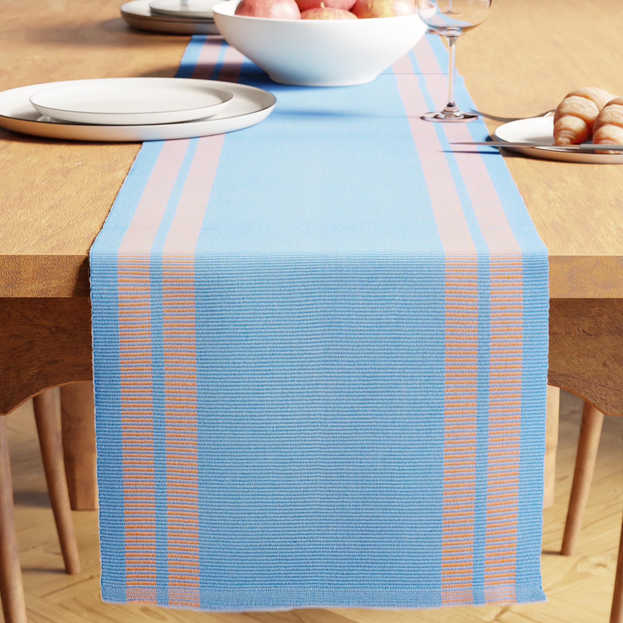 Encasa XO Dining Table Runner 32x183 cm | Yarn Dyed Fine Ribbed Cotton | Ladder Blue | Machine Washable