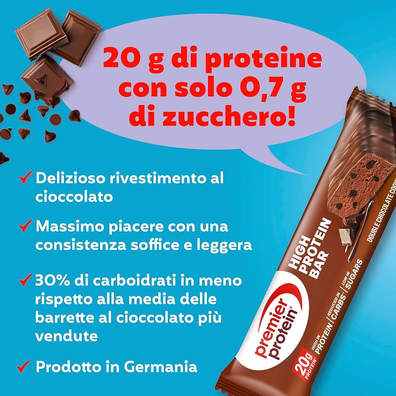 High Protein Bar Double Chocolate Cookie 16x40g - High Protein Low Sugar Riegel + Palmölfrei