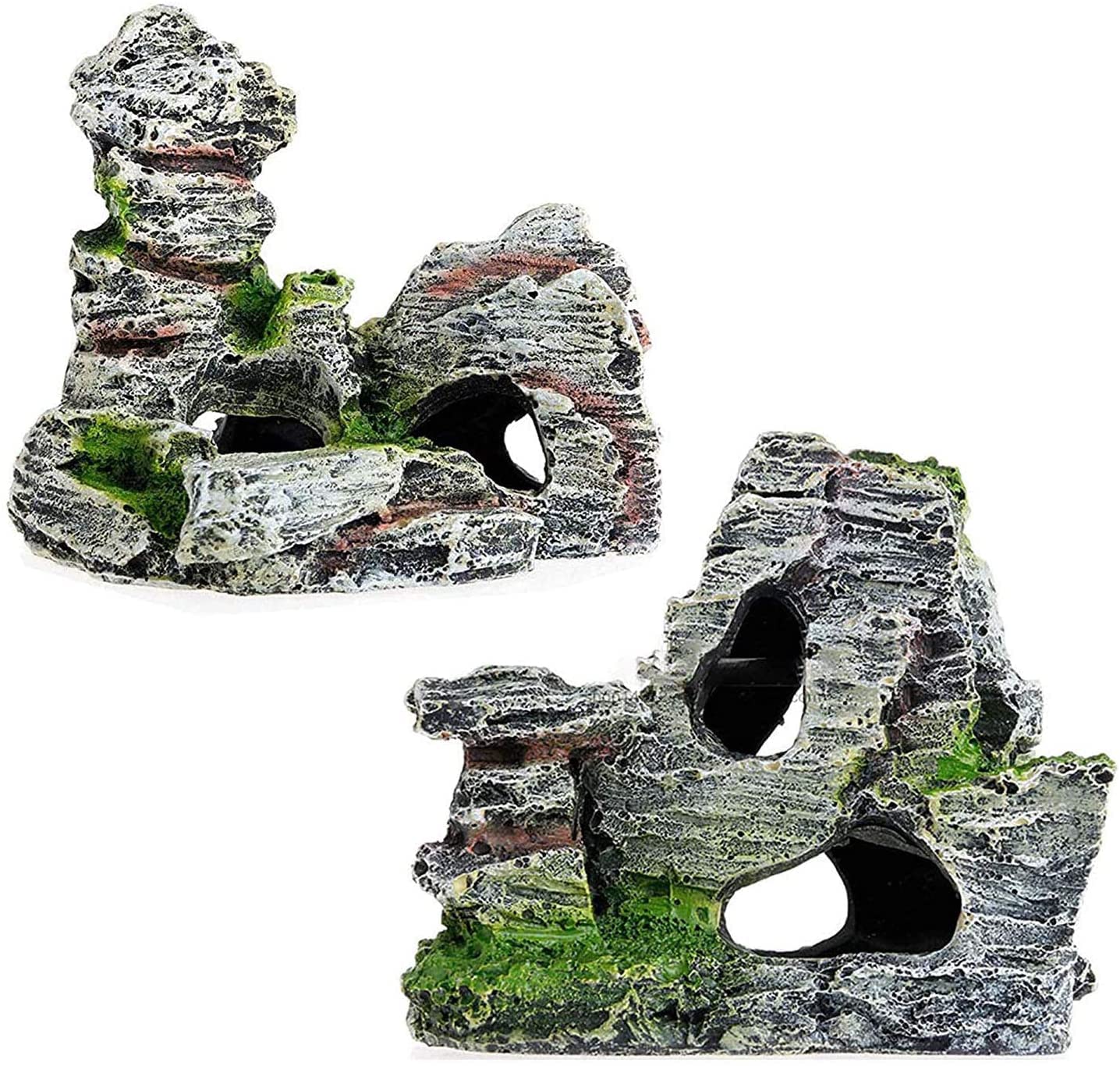 CHJIEJIE 2pcs Aquarium Rock Cave Decoration with Green Grass for Fish Shrimp Hide Aquarium Decoration Resin Aquarium Accessories, Aquarium Resin Cave Mountain View, 11 x 9 x 11 cm, 10 x 5.5 x 10 cm