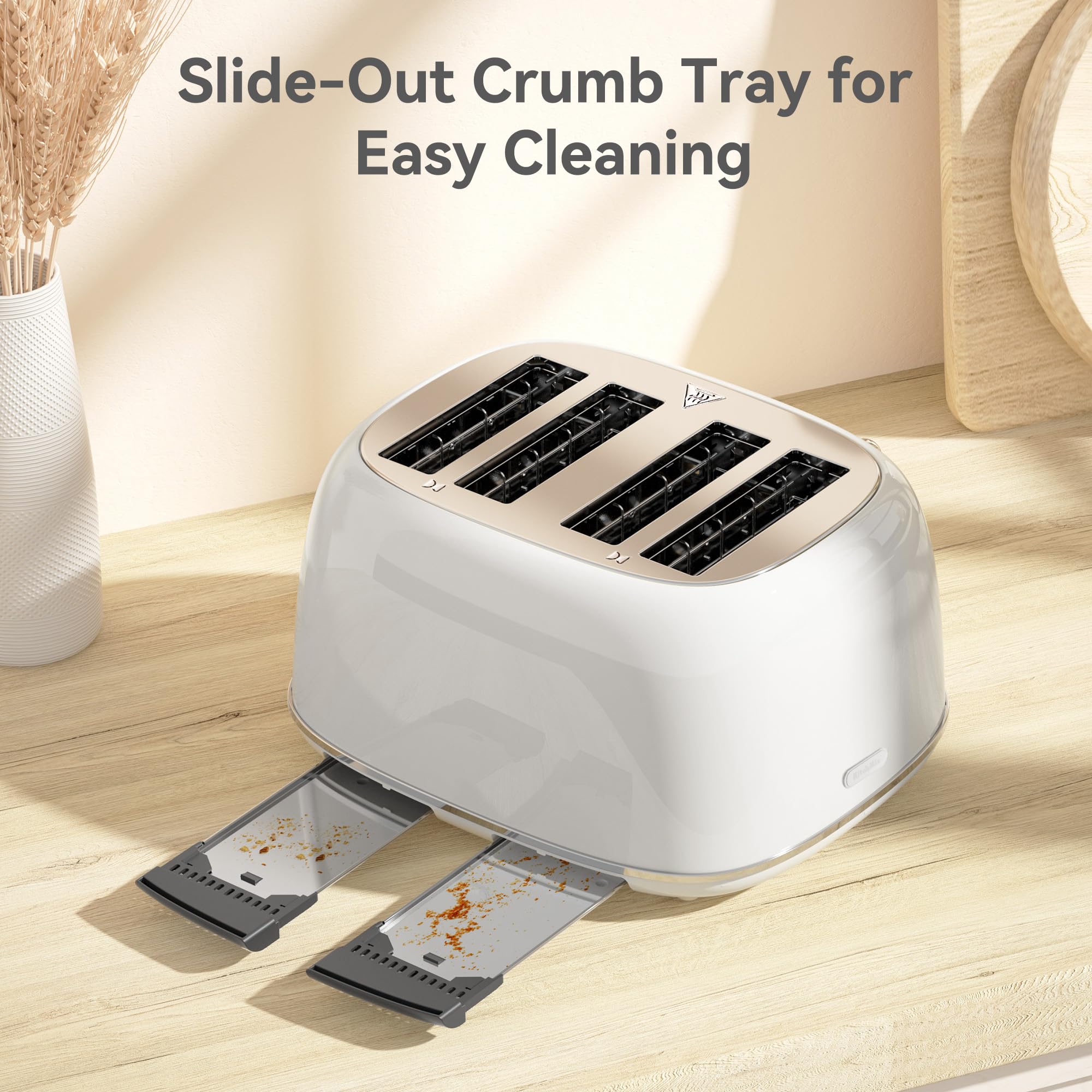 Tostadora de 4 rebanadas, acero inoxidable retro con 6 configuraciones de pantalla de pan, tostadora con ranuras de 1.5 pulgadas de ancho con funciones de cancelar/descongelar/recalentar, panel de control independiente dual, bandeja para migas de extracción (blanco)