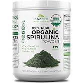 Zazzee USDA Organic Spirulina Powder, 16 Ounces, 137 Servings, 100% Pure | Certified Kosher, Non-Irradiated, Mess-Free Wide Mouth Container, Fresh Smell and Neutral Taste, Non-GMO, Made in USA