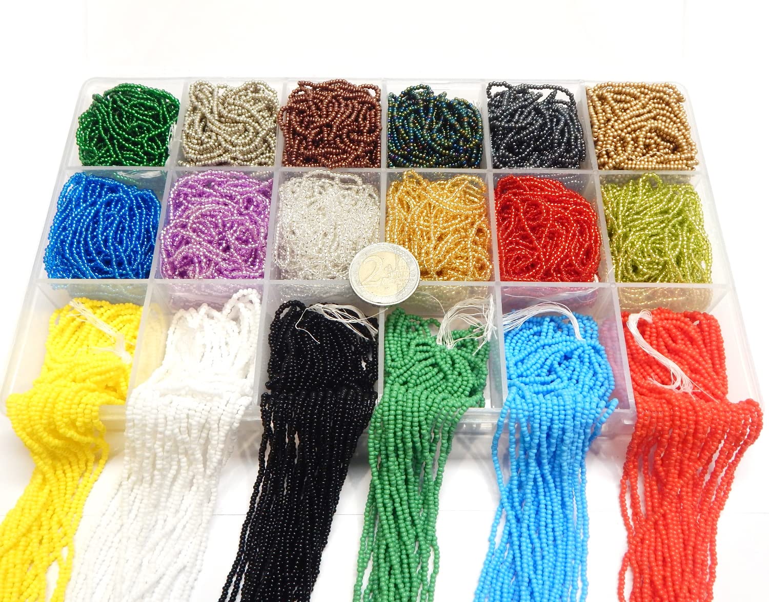 Preciosa Ornela 81000 Rocailles Beads 2 mm 11/0 Czech Glass Beads on Multiple Strands 18 Colours with Bead Box