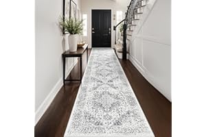 EISUROM Washable 2'6''x14' Runner Rug - Non-Slip Vintage Runner Rug for Entryway Low-Pile Medallion Long Rugs for Hallway Waterproof Traditional Runner Rug Indoor Thin Rug for Kitchen (Grey)