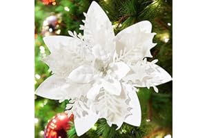 Serwalin 20pcs 14cm/5.5in Christmas Flowers Artificial White Poinsettia Flowers Decorations with Clips Stems Glitter Christmas Tree Ornaments Xmas Wedding Party Wreath Garlands DIY