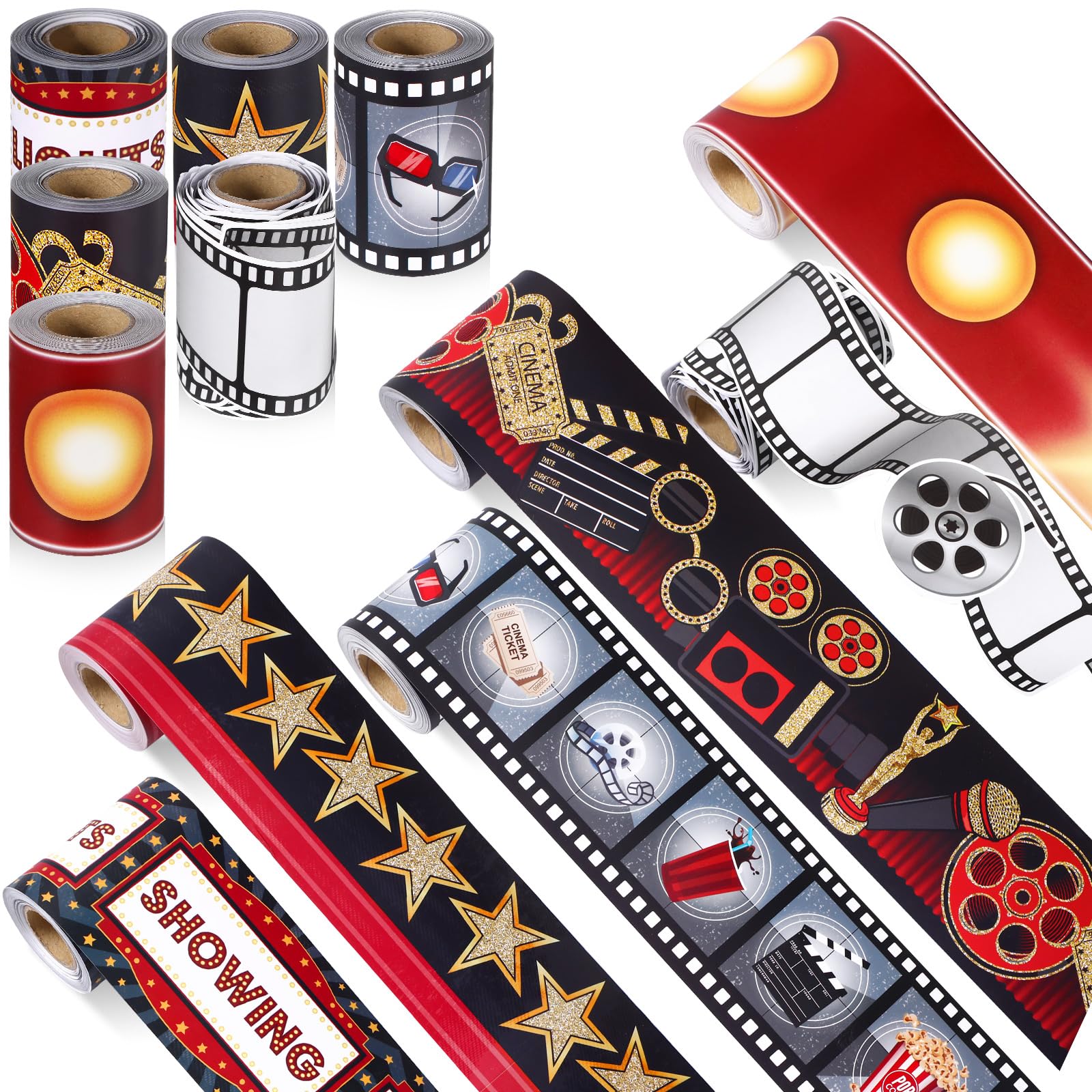 Photo 1 of Tenceur 160ft Movie Night Borders for Bulletin Board, Movie Theater Party Decoration, 6 Rolls Star Filmstrip Bulletin Board Border Rolls for Back to School Chalkboard Whiteboard Poster Decor