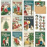 AnyDesign 40 Pack Vintage Christmas Cards Santa Christmas Tree Snowman Greeting Cards with Stickers Envelopes Retro Xmas Blank Note Cards for Christmas Winter Holiday Party Supplies, 4 x 6 Inch