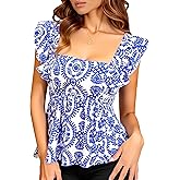 winkbay Women's Floral Print Peplum Blouse Boho Ruffle Cap Sleeve Square Neck Vacation Tops