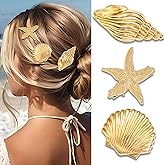 SAWINDA Gold Starfish Hair Clip Mermaid Seashell Barrettes Metal Conch Beach Party Alligator Clips Wedding Sea Star Headpiece Summer Hair Accessories for Women and Girls (Pack of 3)