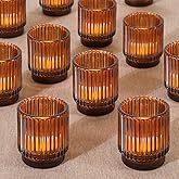 Vintage Ribbed Amber Glass Tealight & Votive Candle Holders (Set of 12), Wedding Bridal Shower Party Table Decor, Fall Decor, Boho Decor, Shelf Decoration