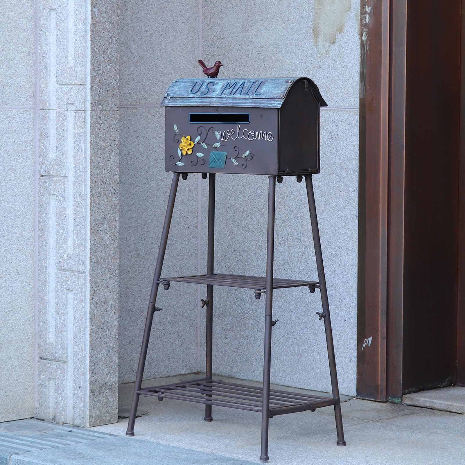 Photo 1 of Metal Mailbox and Plant Stand Combination,Mailboxes for Outside with Plant Stand,Decorative Mailboxes Outside,Rustic Mailbox,Garden Porch Decor