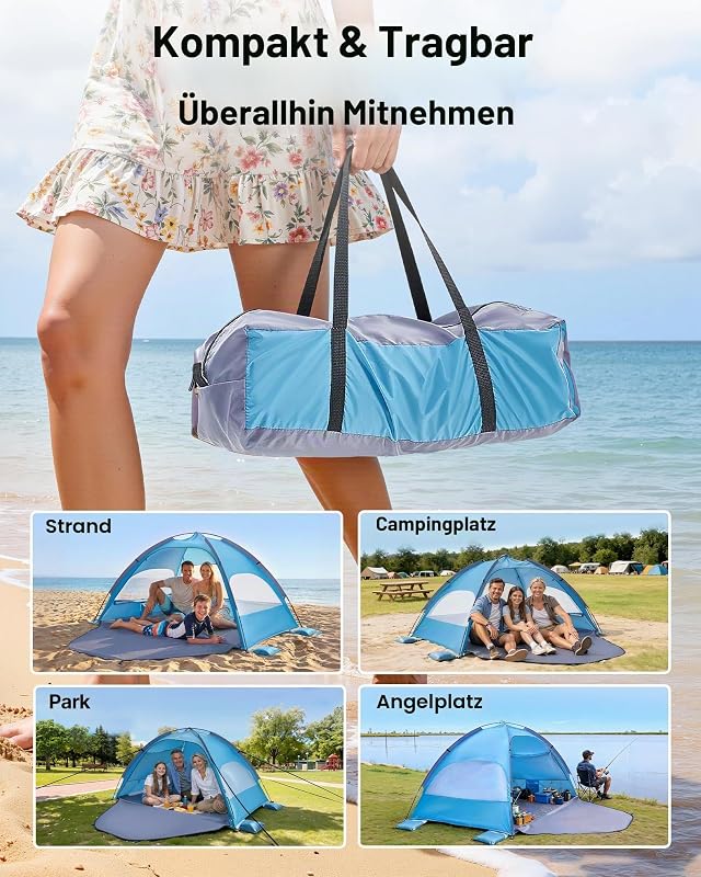 Strandmuschel Sonnenschutz für 3 Personen, UPF 50+ Schutz, Tragbares Strandzelt mit Tragetasche & Bodenverankerungen, Leichter Strandsonnenschirm für Camping Angeln Picknick, Sonnenzelt