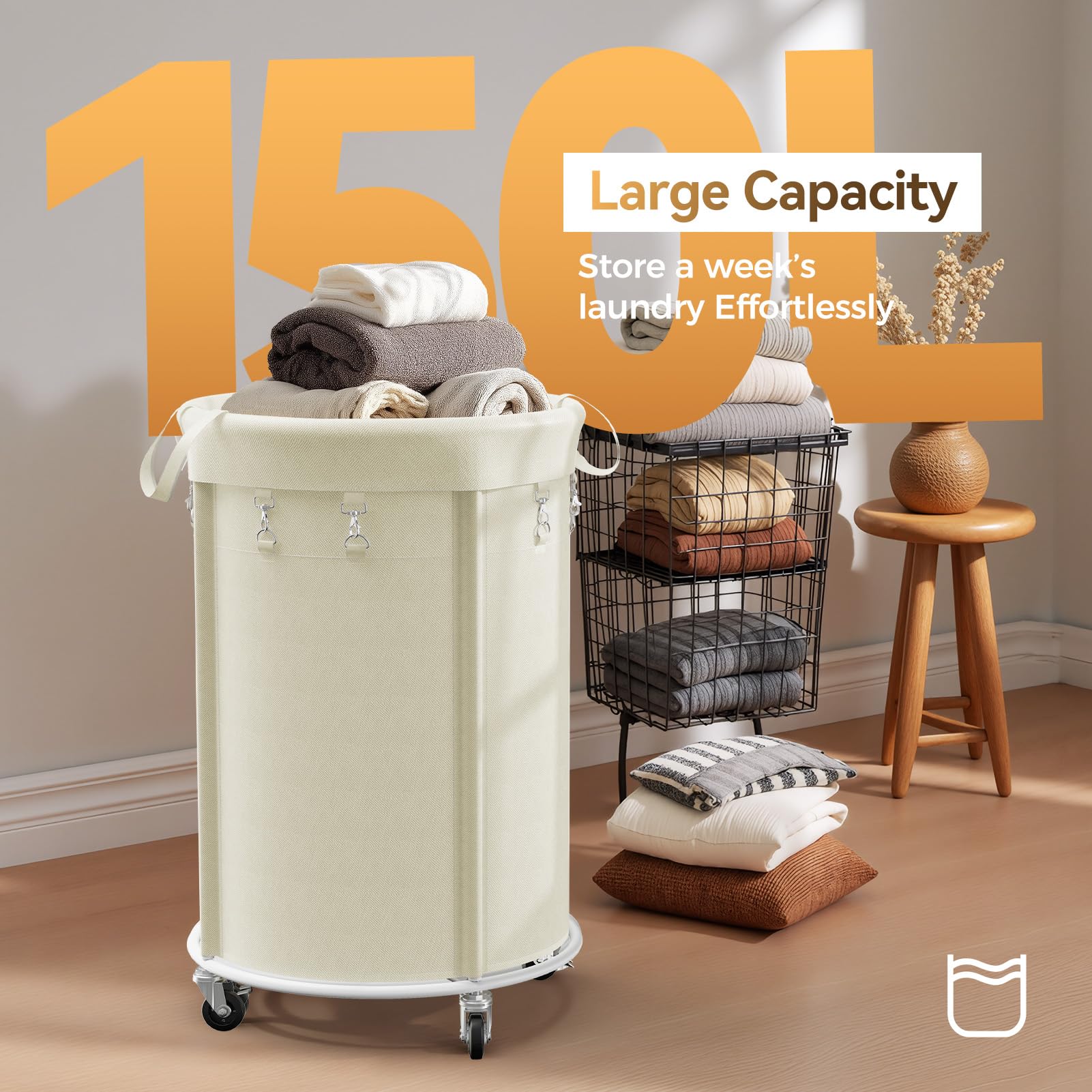 150L Wäschekörbe mit Rollen, Große Wäschesammler mit Metallrahmen und Wasserdichter Wäschesack, Laundry Baskets Wäschewagen für Waschküche, Schlafzimmer, Badezimmer, Beige 2