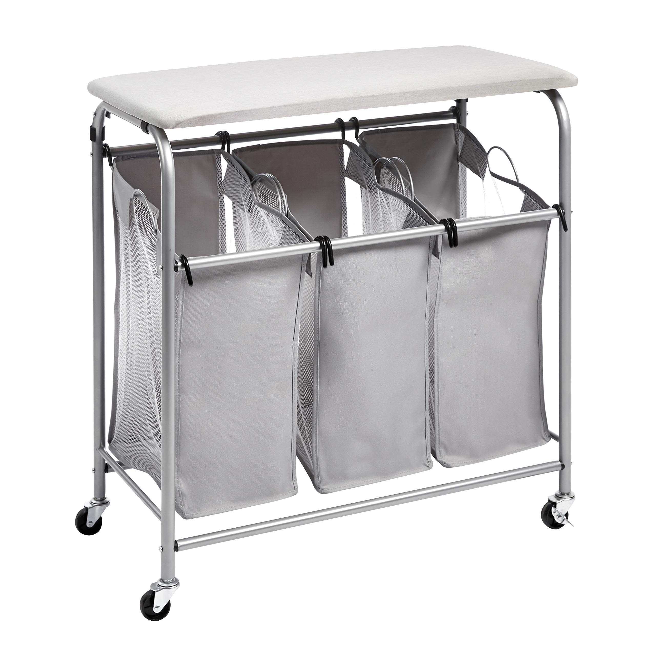 Amazon Basics 3-Bag Rectangular Laundry Sorter With Tabletop Ironing Board, Grey, 80 cm x 41 cm x 84 cm