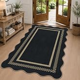 Rugalia Black 3x5 Indoor Outdoor Rug Washable Scalloped Woven Entryway Rug | Non-Slip Imitated Linen Braided Porch Rugs, Natural Modern Geometric Throw Carpet for Kitchen Bedroom Patio Backyard