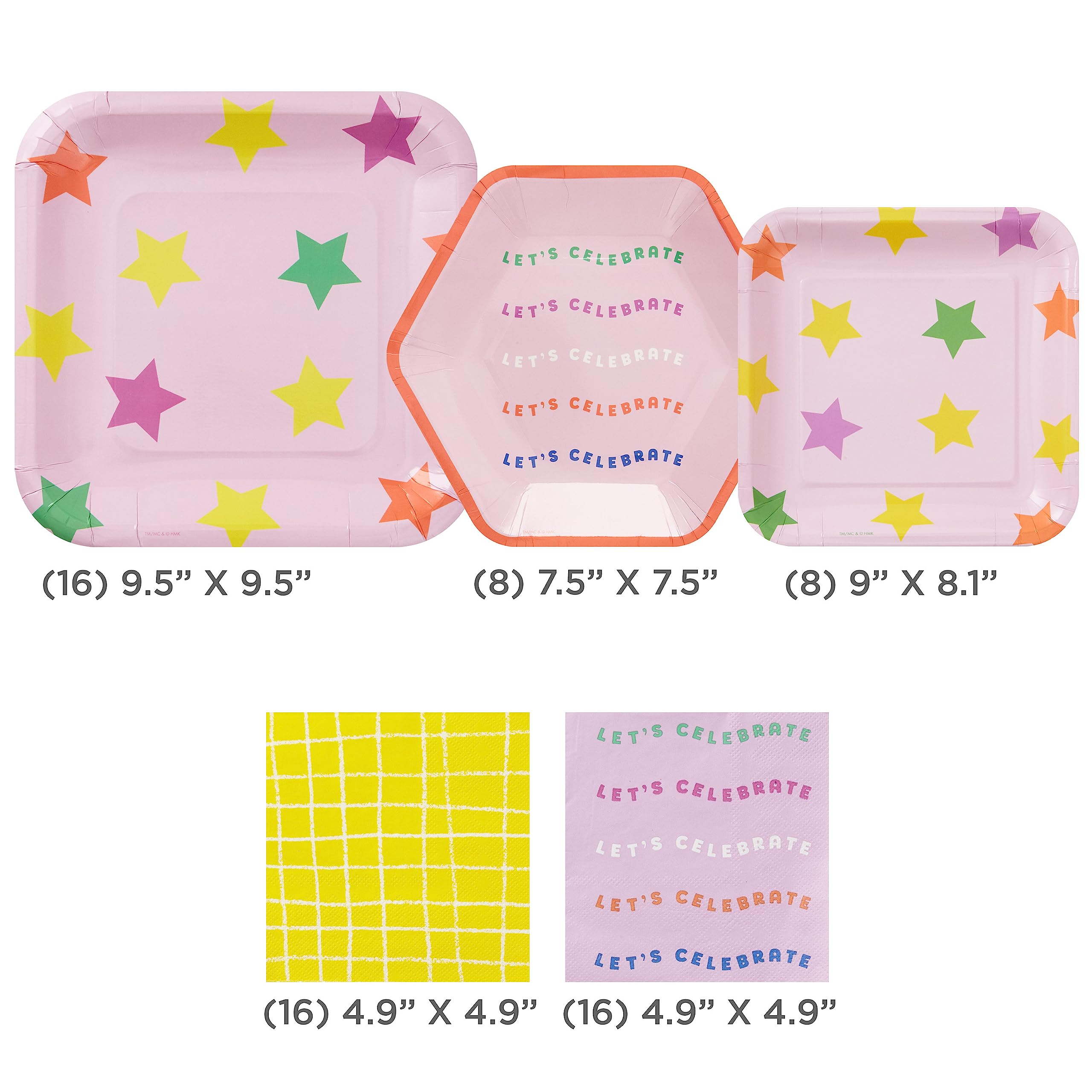 Hallmark Pink and Yellow Party Supplies (16 Square Dinner Plates, 8 Square Dessert Plates, 8 Hexagonal Dessert Plates, 32 Beverage Napkins) for Birthdays, Bridal Showers, Graduations