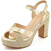 hingswink Womens Sparkly Platform Dress Sandals for Women Chunky Block Heel 3.8 Inch High Heels Open Toe with Strap for Women Comfortable Sexy Dressy Prom Wedding Party Evening Shoes