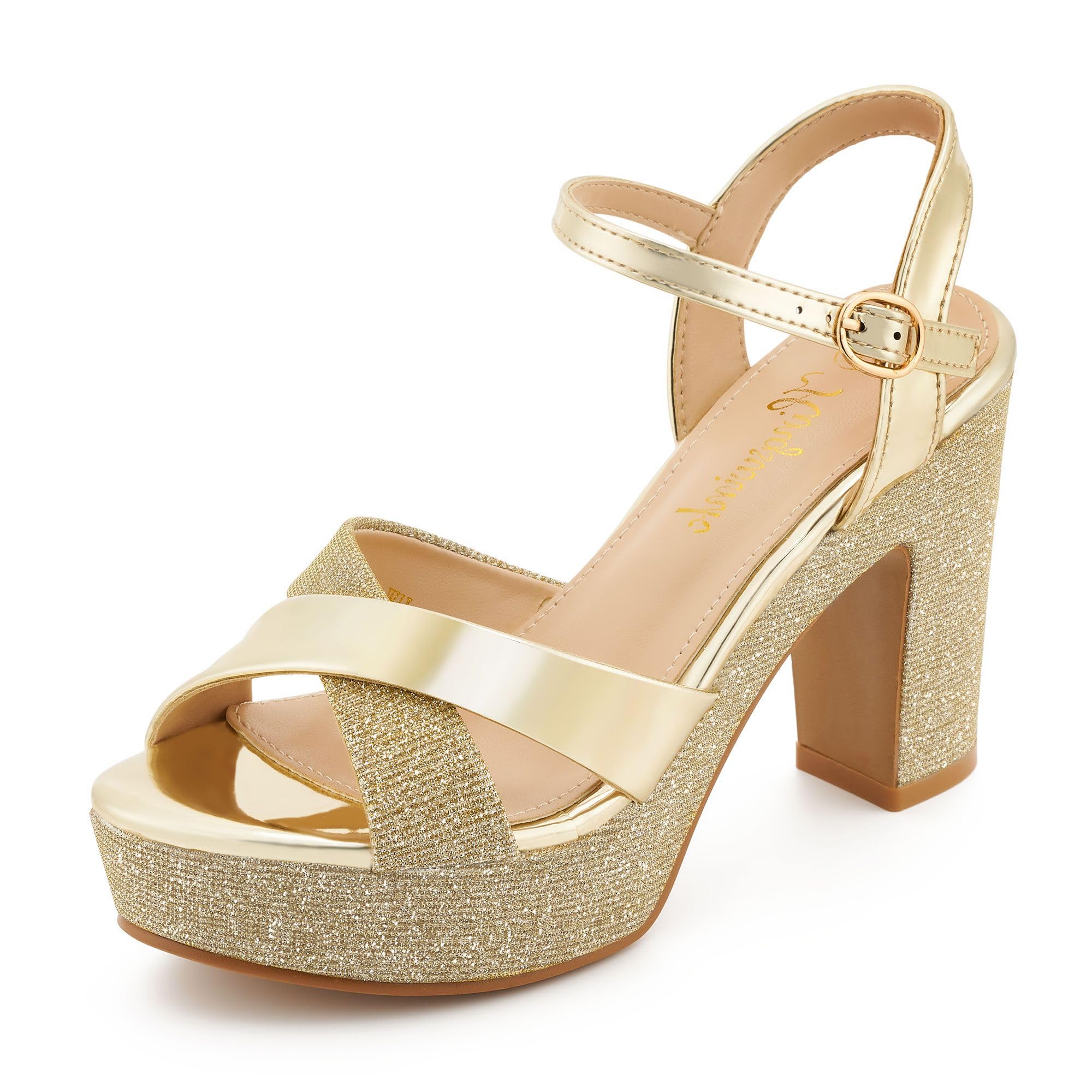 Photo 1 of hingswink Womens Sparkly Gold Platform Dress Sandals for Women Chunky Block Heel 3.8 Inch High Heels Open Toe with Strap for Women Comfortable Sexy Dressy Prom Wedding Party Evening Shoes, gold8.5