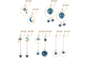SAILIMUE 5Pairs Clip on Earrings Dangle Set for Women Cute Moon and Star Earrings Non Pierced Ear Clip Saturn Earrings