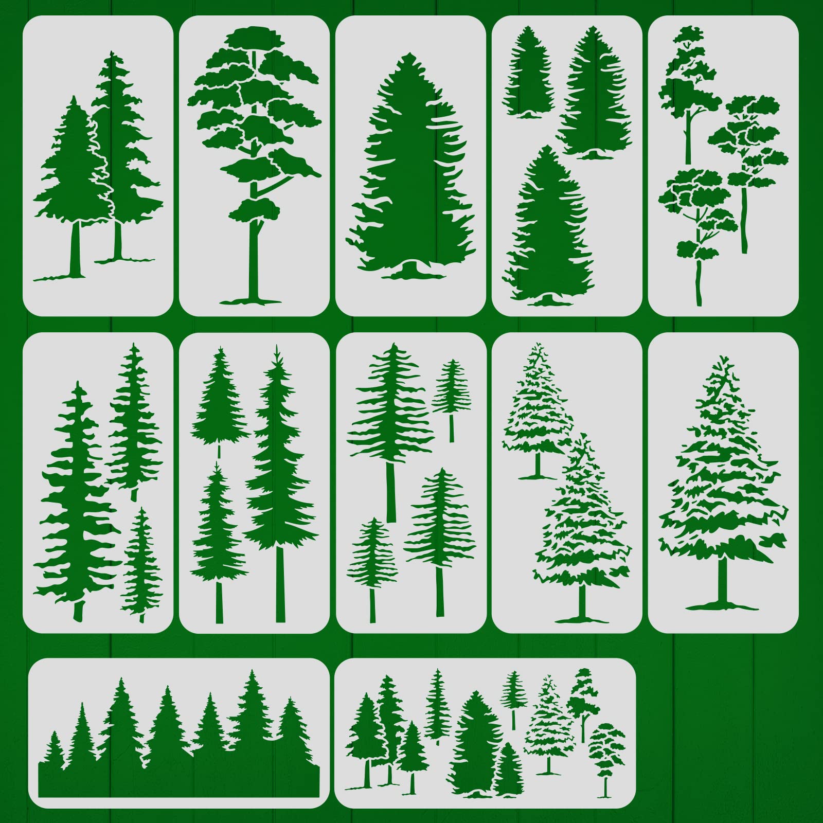 BENECREAT 12pcs Pine and Fir Tree Stencil Set, 15x30cm Reusable Winter Theme Plastic Art Painting Templates for Scrapbook Decoration DIY Crafts