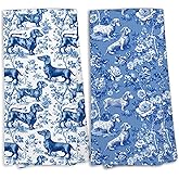 KTYHD Blue and White Chinoiserie Dachshund Flower Kitchen Towels,Dachshund Weiner Dog Lover Gifts for Women Mom Dish Towels,Botanical Weiner Dog Hand Towel Decorative Set Home & Kitchen