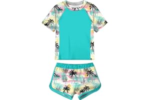 Enlifety 7-16T Girls Swimsuit 2 Piece Bathing Suit Short Sleeve Rash Guard Swimwear Set