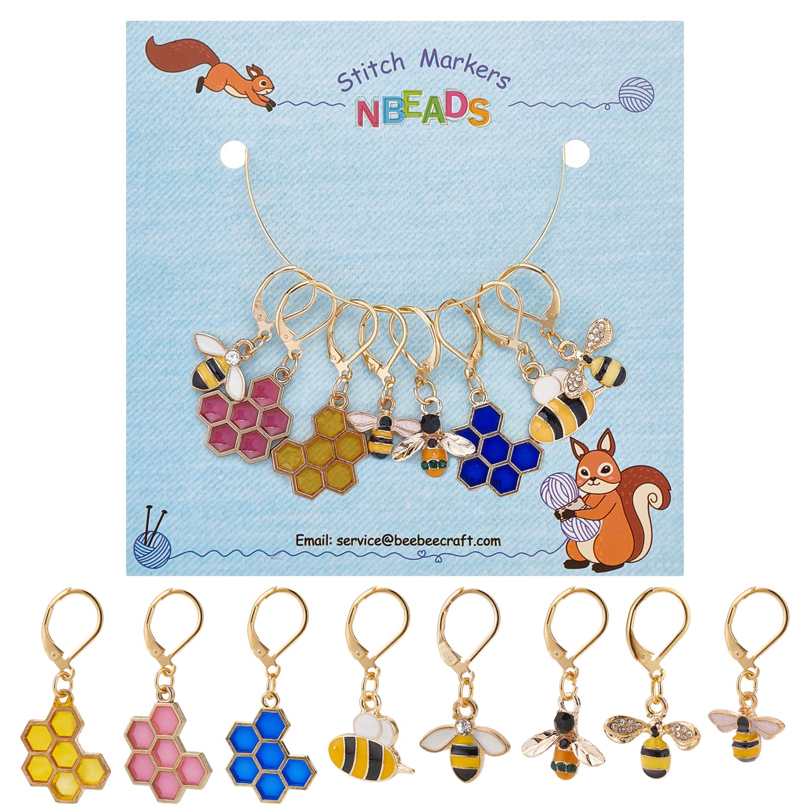 NBEADS 8 Pcs Bee Honeycomb Stitch Markers, 8 Styles Alloy Crochet Stitch Marker Charms Removable Lobster Clasp Locking Stitch Marker for Knitting Weaving Sewing Accessories Quilting Handmade Jewelry — image 1
