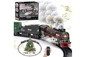 Christmas Electric Remote Control Train Set with Smoke, Lights, Sound, Locomotive, Cars and Remote Carriage, 3 Smoke Outlets,