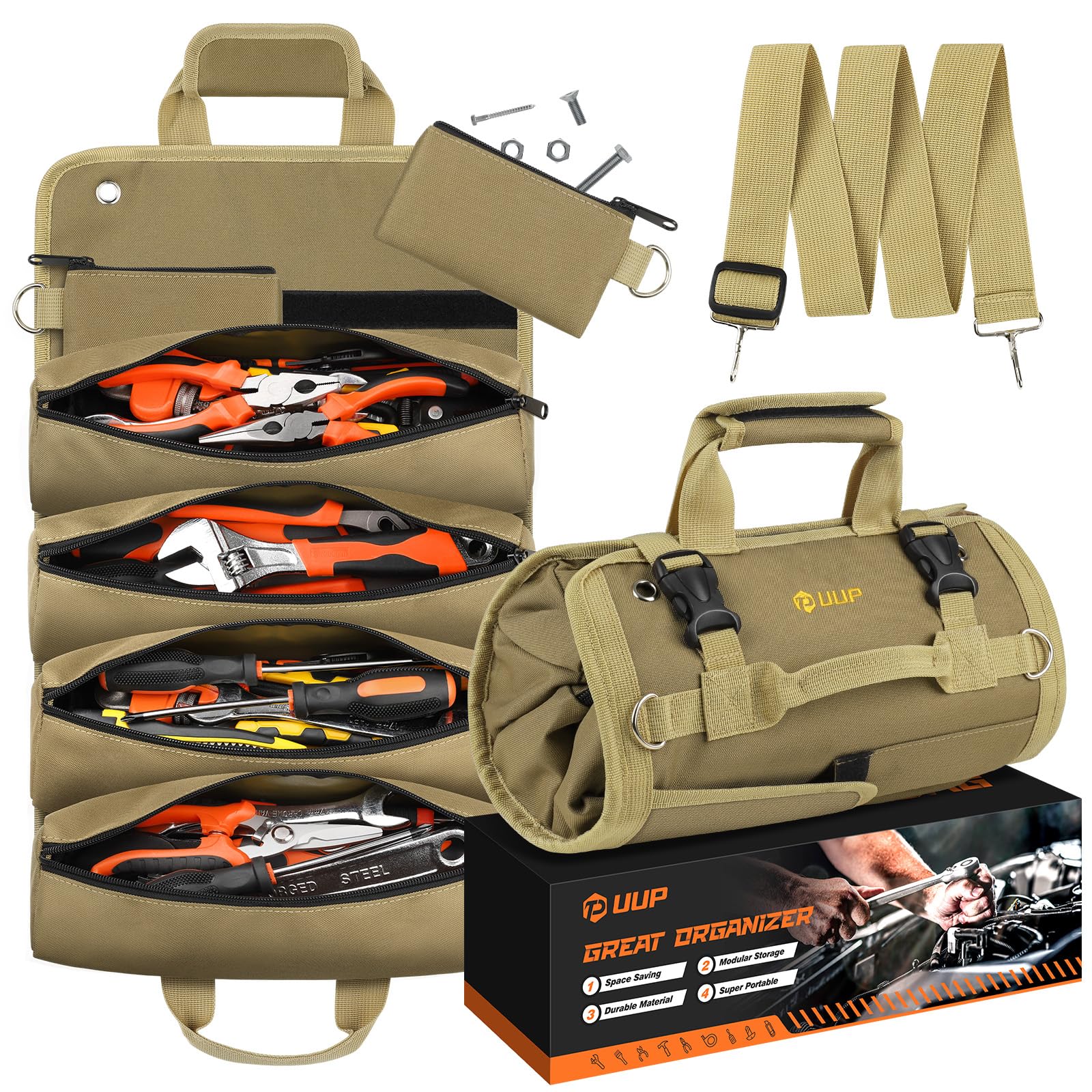 Photo 1 of Tool Bag Roll Up, UUP Heavy Duty Rolled Empty Tool Storage Organization, Portable Foldable Rollup Organizer with 2 Small Pouches, Rollable Carrying Toolbag, Dad Men Mechanic Birthday Gifts, Khaki