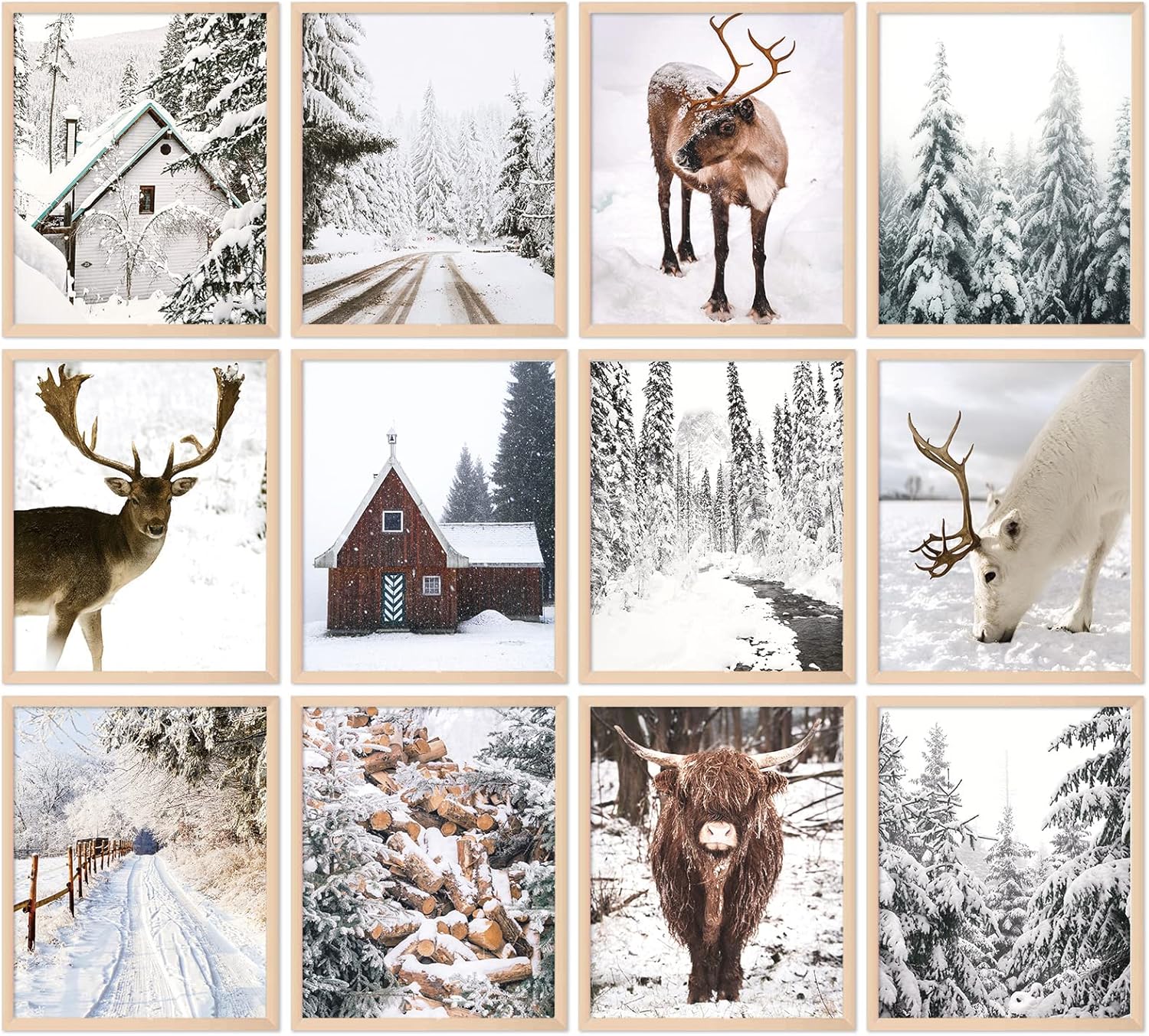 Posters & Prints - Whaline 12Pcs Winter Wall Art Prints 8x10in Cozy Christmas Room Decor Scandinavian Poster Snow Forest Frost Pictures Xmas Tree Deer Mountain House Photo for Gallery Wall Home Nordic Decor(UNFRAMED)