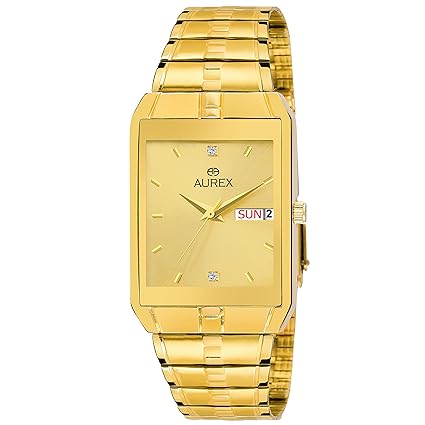 Analouge Golden Day & Date Dial 18 K Gold Pleating Watch Water Resistant Golden Color Strap Watches for...