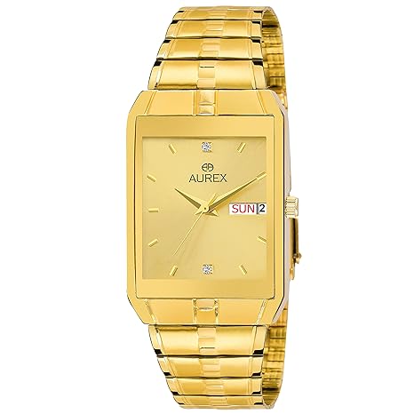 Aurex Analouge Golden Day & Date Dial 18 K Gold Pleating Watch Water Resistant Golden Color Strap Watches for Mens/Boys (AX-GSQ9151-GLG)