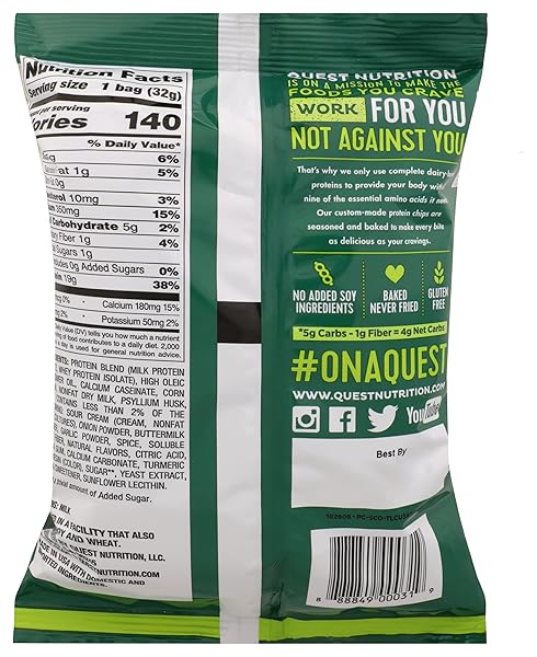 QUEST NUTRITION PROTEIN CHIPS, SOUR CREAM & ONION, 21G PROTEIN, 3G NET CARBS, 130 CALS, 1.2OZ BAG, 1 COUNT, HIGH PROTEIN, LOW CARB, GLUTEN FREE, SOY FREE, POTATO FREE