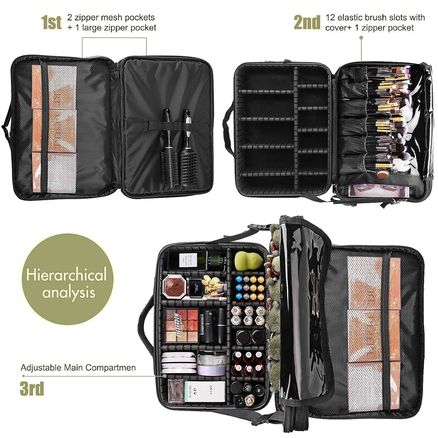 joyroom Large Makeup Bag 3 Layers Professional Travel Cosmetic Bag Makeup Organizer Case 15.7 inches Portable Artist Storage Brush Box with Adjustable Dividers and Strap for Makeup Accessories Black : Beauty