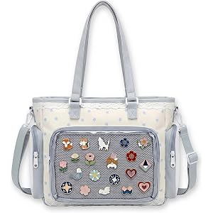 SUSTRALO Kawaii Ita Tote Crossbody Bag with Insert Pin Display, Blue Star | Large Lace Clear Window Pin Collect Bag, Ruffle I