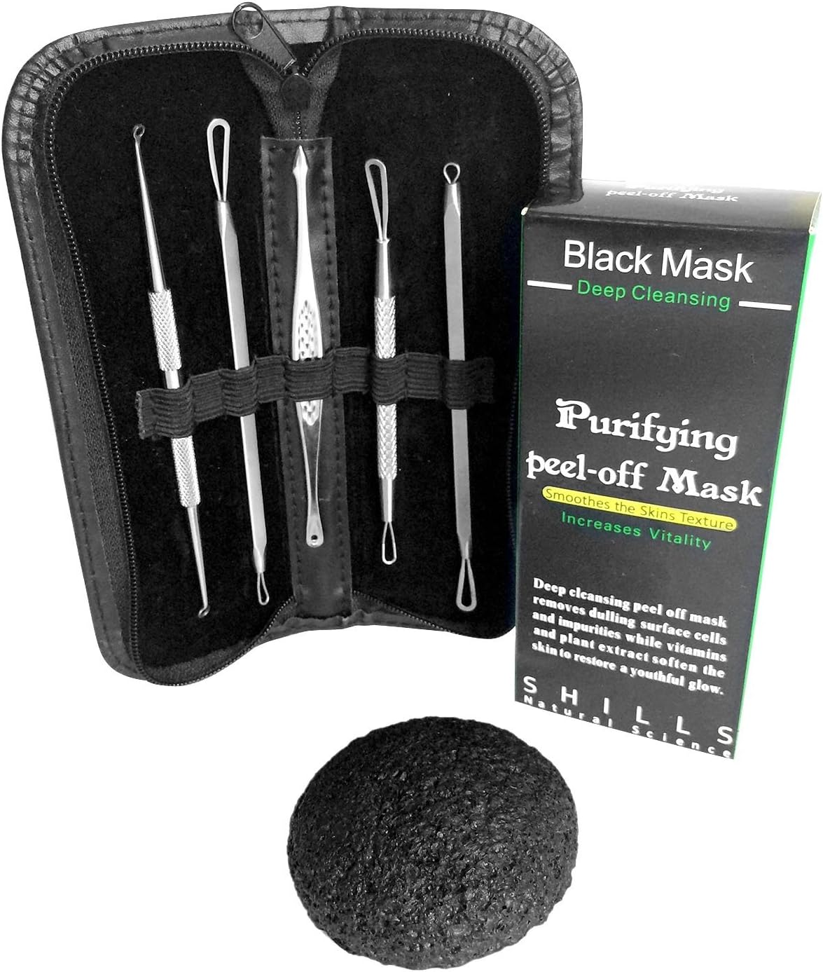 Blackhead And Blemish Remover Bundle - Includes 5 pc Stainless Steel Comedone Extractor Kit, Deep Cleansing Peel Off Mask, and Charcoal Konjac Sponge