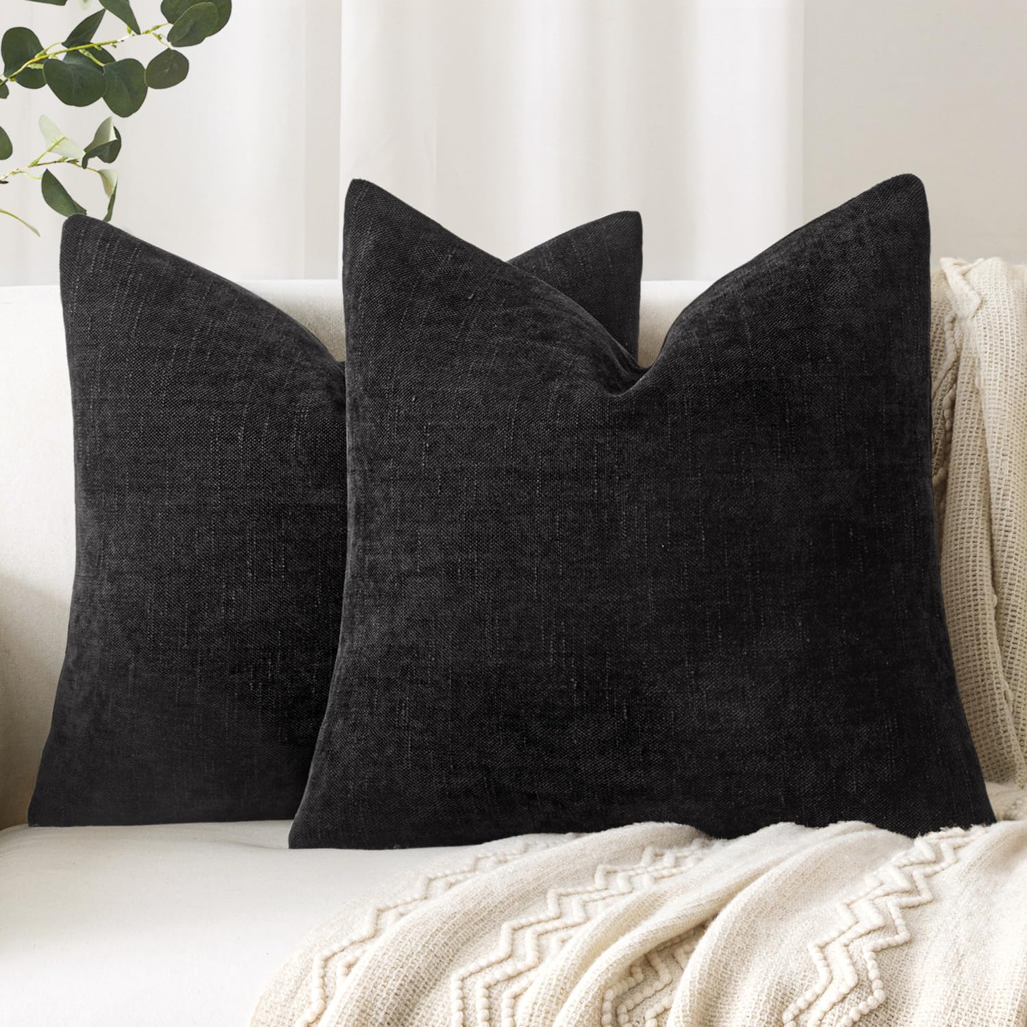 Photo 1 of Woaboy Set of 2 Textured Throw Pillow Covers Decorative Soft Accent Square Chenille Pillowcases Neutral Farmhouse Cushions Modern Home Decor for Couch Sofa Bedroom Living Room 20x20 Inch,Black