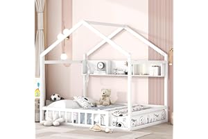 BELLEMAVE House Bed Full Size Floor Bed with Fence Railings, Wooden Montessori Style Bed Frame for Kids, Fun Playhouse Beds for Girls Boys, White