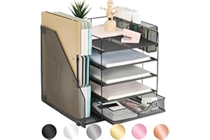 gianotter 5-Tier Paper Letter Tray Organizer with File Holder, Desk Organizer with Drawer and Pen Holder, Mesh Desktop Storage with Magazine Holder for Office Supplies (Black)