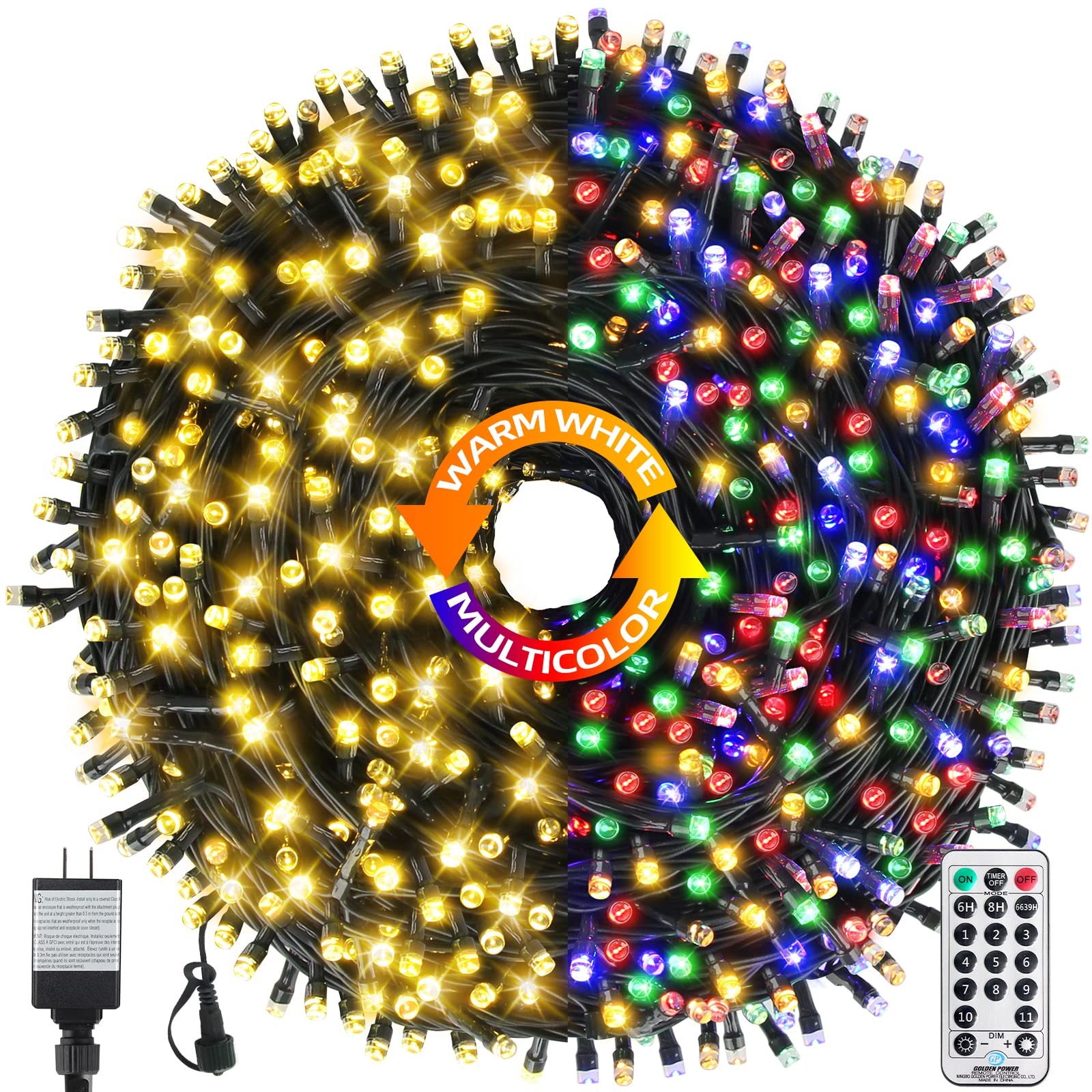 Photo 1 of MZD8391 170FT 500 LED Christmas Lights Outdoor Indoor, Waterproof Color Changing Christmas Tree Lights with Timer, Memory (Warm White+Mulitcolor)