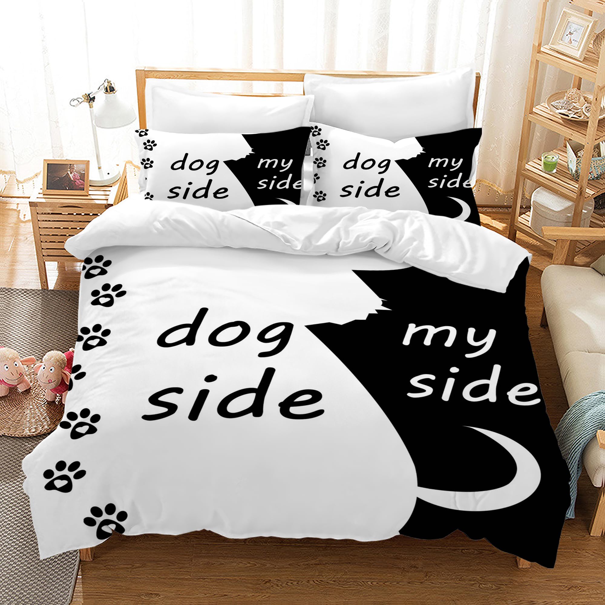 UGZDEA Dog Side and My Side Duvet Cover Set 135x200cm, Bed Linen 3-Piece Set Black White Soft Microfibre Quilting Board Set for Adults Bedroom Decoration (Single（135x200cm）, A)