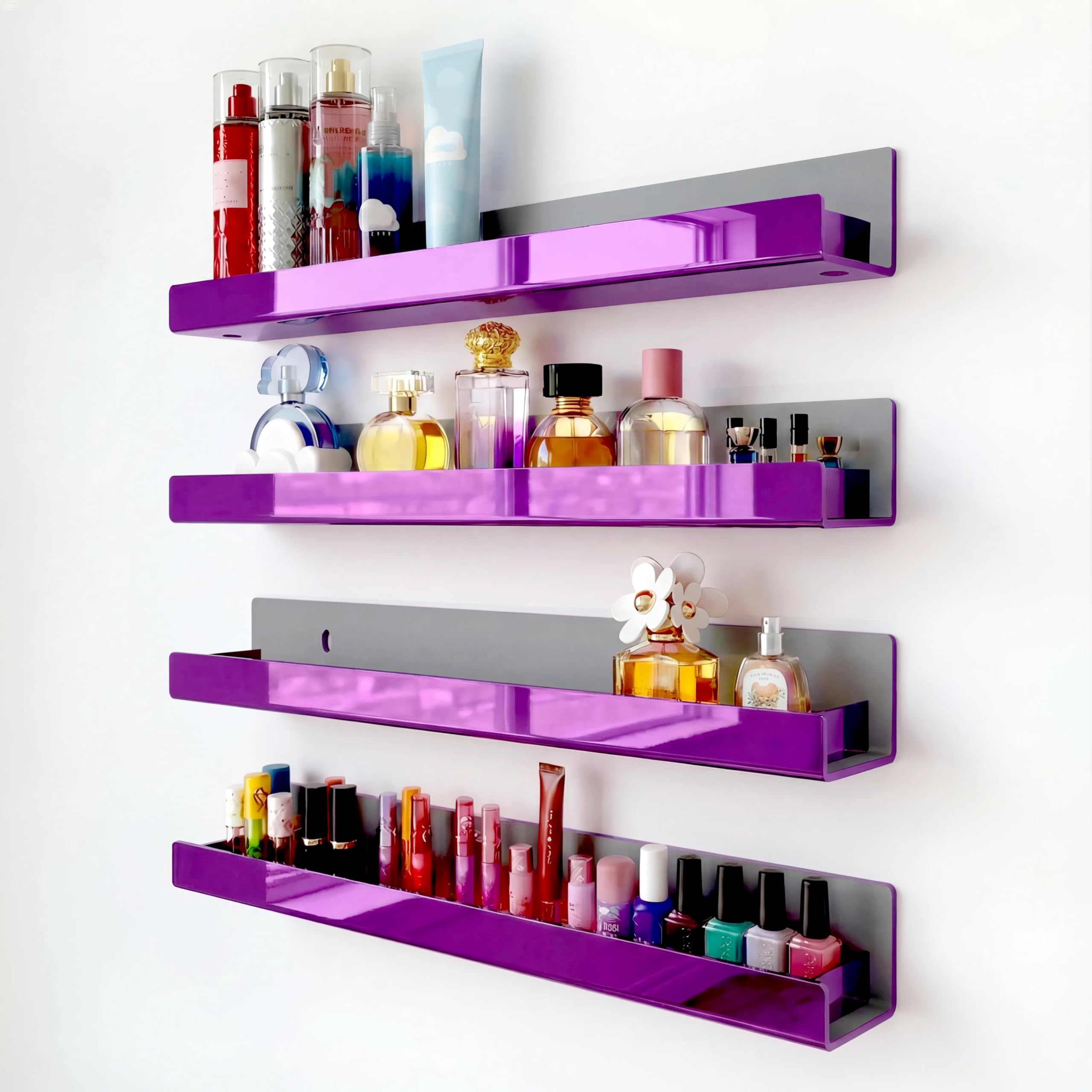 4 Pack 15 Inch Purple Reflective Acrylic Shelves, Purple Floating Shelves, Modern Sunglasses Essential Oil Picture Ledge Display Toy Storage Shelf