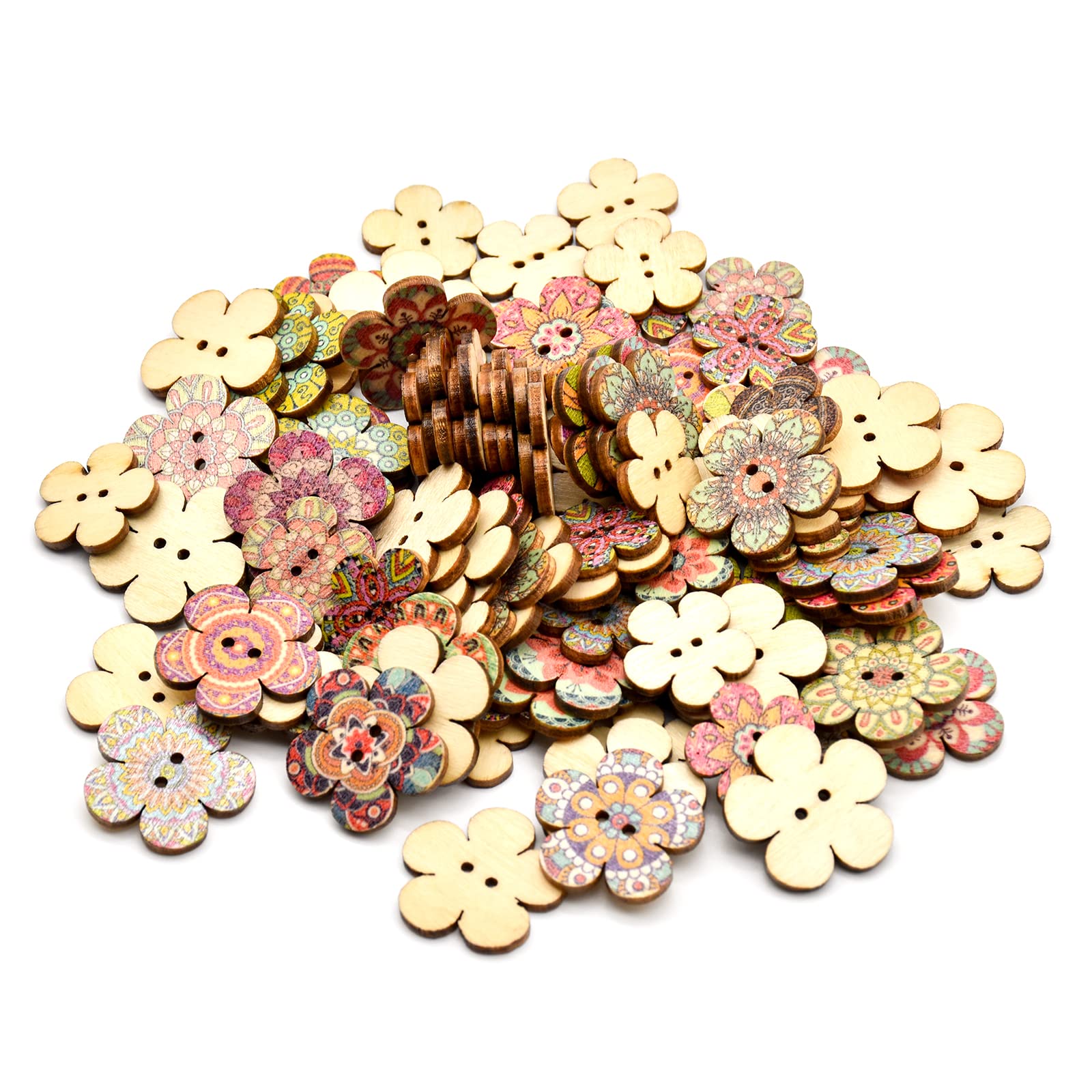 Skyzone Wooden Buttons,100PCS Flower Shape Buttons Retro Craft Button Handmade Colorful Printed Decorative Buttons with 2 Holes for Cardigans Knitting DIY Sewing Crafts (20mm and 25mm 50Pcs Each)